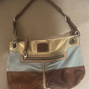 B. Makowsky Brown and Cream Shoulder Bag with Ruched Detailing